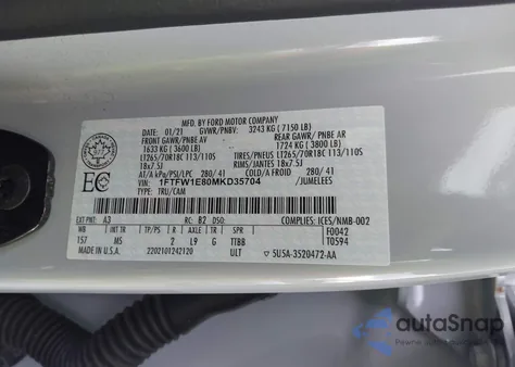 2021 Ford F-150 Xlt из США, поврежденный, VIN 1FTFW1E80MKD35704